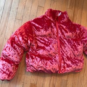 Fabletics Red Crushed Velvet Puffer Jacket Womens Small Full Zip Coat